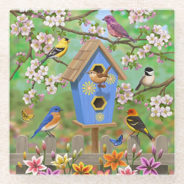 Songbirds Lily Garden Birdhouse Glass Coaster (Front)