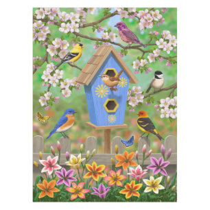 Songbirds Lily Garden Birdhouse Tablecloth