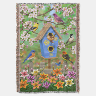 Songbirds Lily Garden Birdhouse Throw Blanket