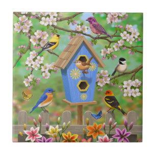 Songbirds Lily Garden Birdhouse Tile