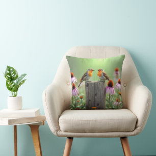 Songbirds On a Fence Post With Coneflowers Cushion