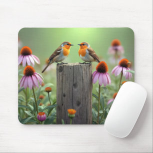 Songbirds On a Fence Post With Coneflowers Mouse Pad