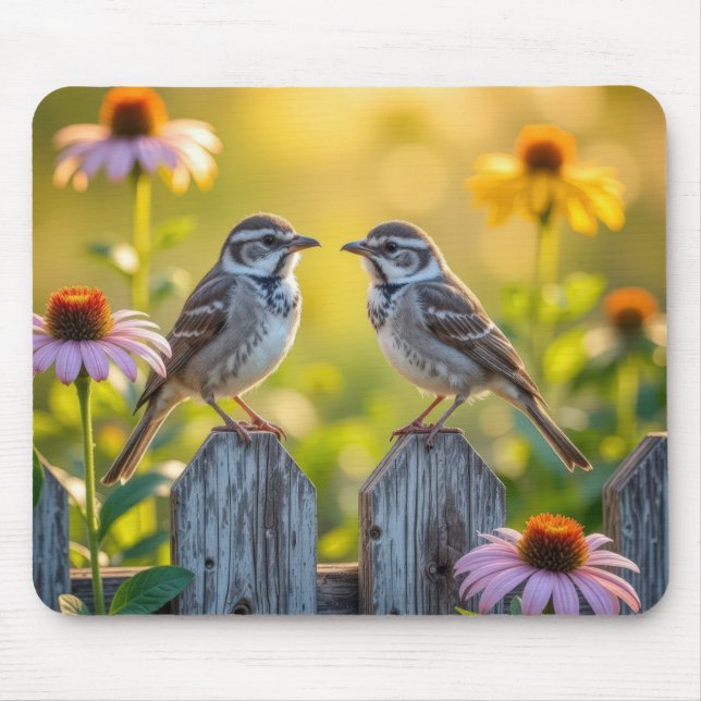 Songbirds Perched On Picket Fence Mouse Pad (Front)