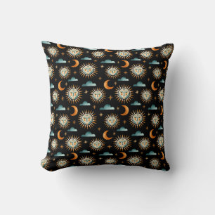 Sonne- Mond- Wolkenmuster- Maya- Stil- schwarzes Cushion