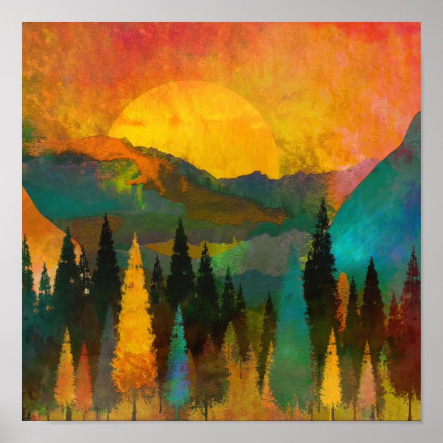 Sonnenuntergang in den Bergen - Buntes Aquarell Poster (Front)