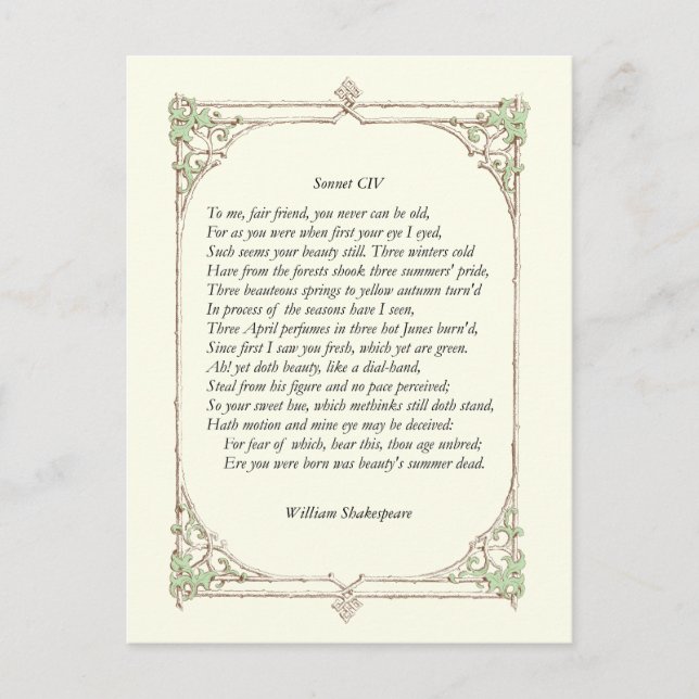 Sonnet # 104 by William Shakespeare Postcard (Front)