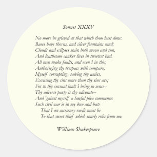 Sonnet # 35 by William Shakespeare Classic Round Sticker