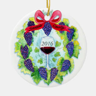 Sonoma County Wine Grapes Christmas Wreath Ceramic Tree Decoration