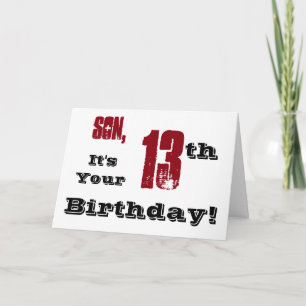 Son's 13th birthday greeting in black, red, white. card