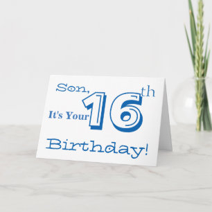 Son's 16th birthday greeting in blue and white. card