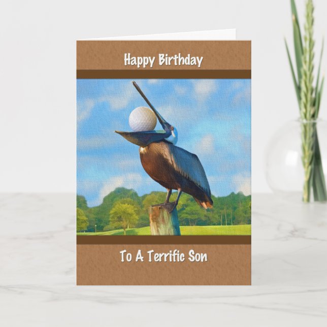 Son's Birthday, Pelican with Golf Ball Card (Front)