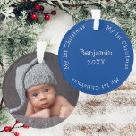 Sons First Christmas Photo Blue And Silver Name Ornament<br><div class="desc">This baby's first christmas blue and silver tree ornament makes a cute memento for your Son. Add your favourite photo to the front and his name to the back. To change the text and photo click on the personalise button.</div>