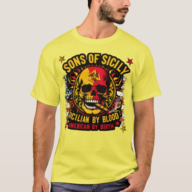 Sons of Sicily Sicilian by Blood American by Birth T-Shirt (Front)