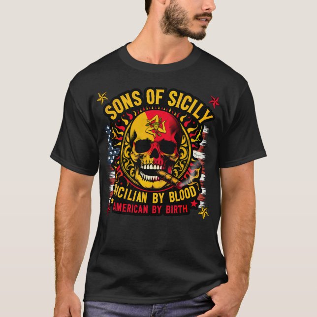 Sons of Sicily Sicilian by Blood American by Birth T-Shirt (Front)