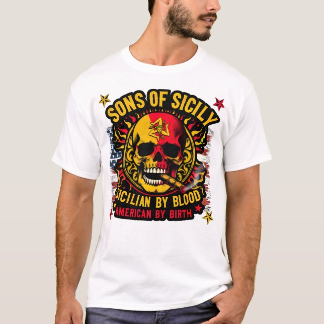 Sons of Sicily Sicilian by Blood American by Birth T-Shirt (Front)