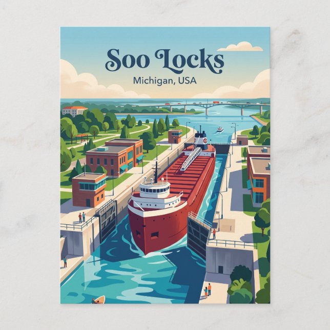 Soo Locks Michigan Postcard (Front)