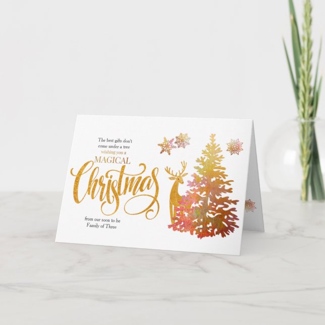 Soon to Be Family of Three Gold Christmas Tree Holiday Card (Front)