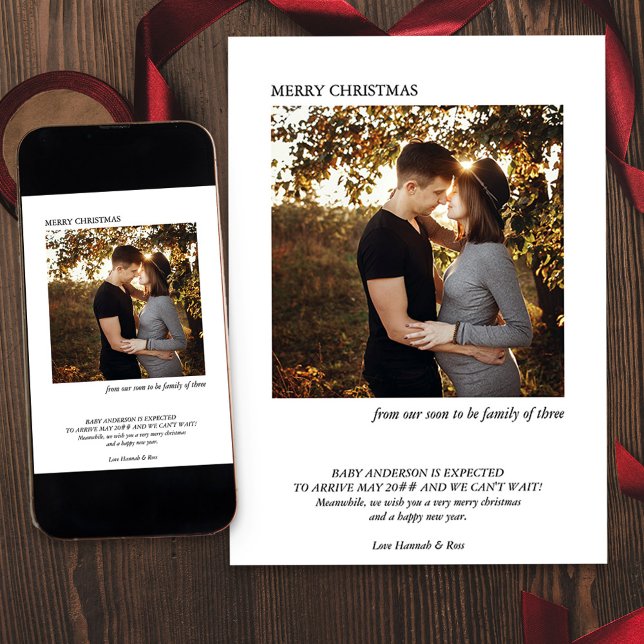 Soon to be Family of Three Minimal Photo Pregnancy Announcement (Photo Holiday Card and Pregnancy Announcement from your soon to be family of three)