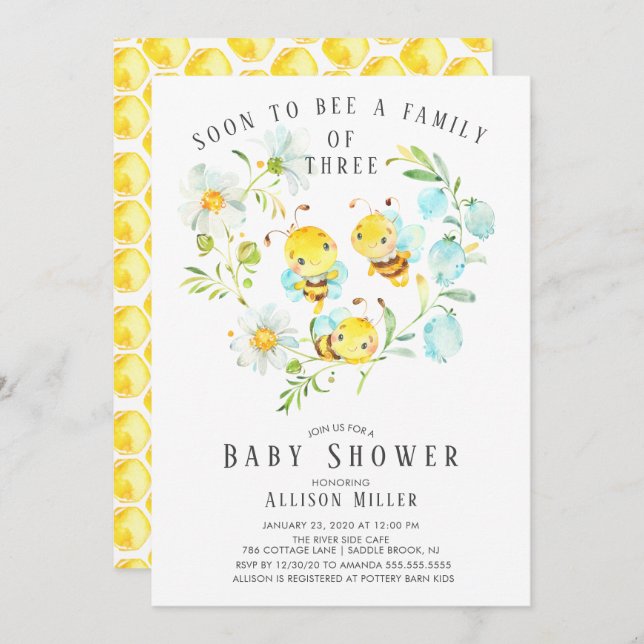 Soon to Bee Family of 3 Baby Shower Invitation (Front/Back)