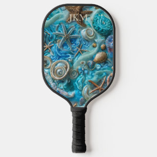 Soothing Aqua Sand, Surf & Starfish Monogram Pickleball Paddle