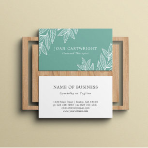Soothing Cyan White Leaves Psychologist Therapist Business Card