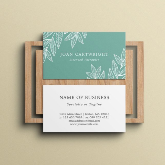Soothing Cyan White Leaves Psychologist Therapist Business Card (Creator Uploaded)