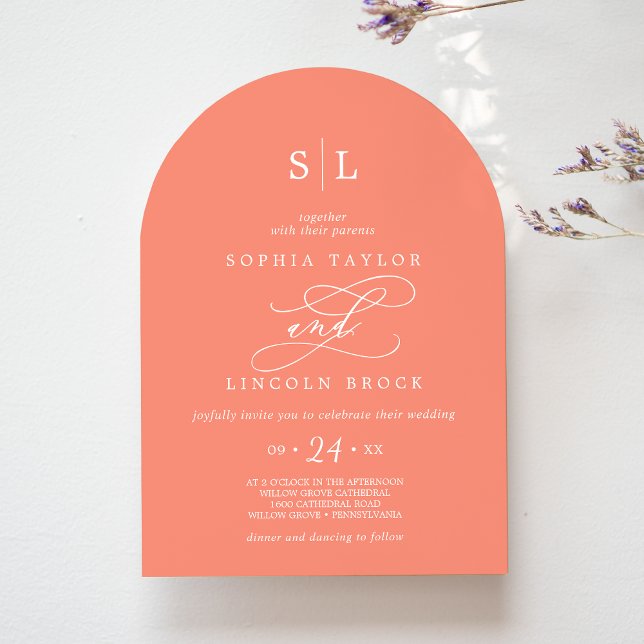 SOPHIA Arch Bright Coral Peach Sunset Wedding Invitation (SOPHIA Arch Bright Coral Peach Sunset Wedding Invitation)