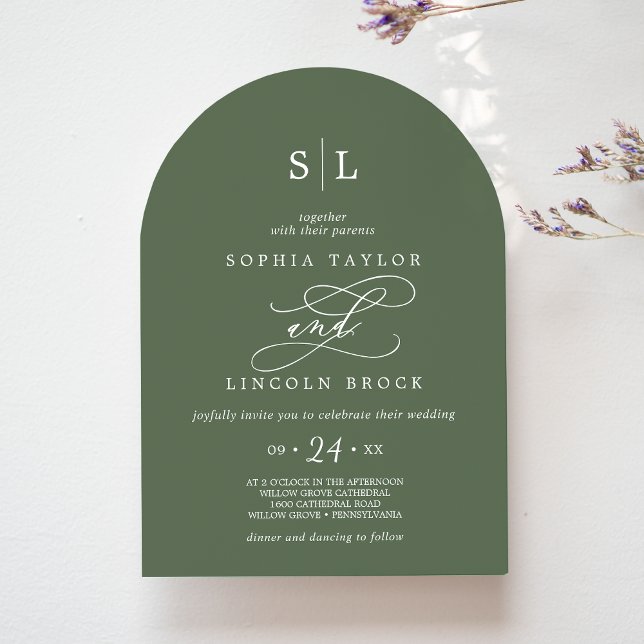 SOPHIA Arch Monogram Woodland Olive Green Wedding Invitation (SOPHIA Arch Monogram Woodland Olive Green Wedding Invitation)