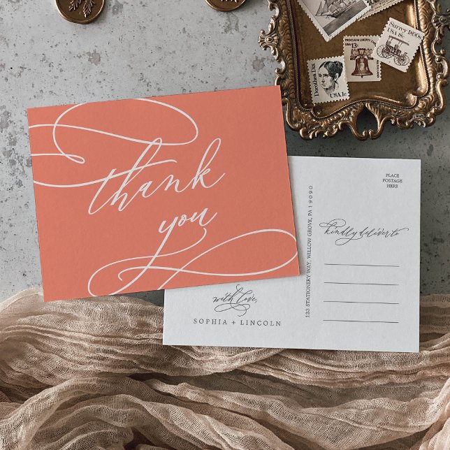 SOPHIA Bright Coral Summer Wedding Thank You Postcard (SOPHIA Bright Coral Summer Wedding Thank You Postcard)