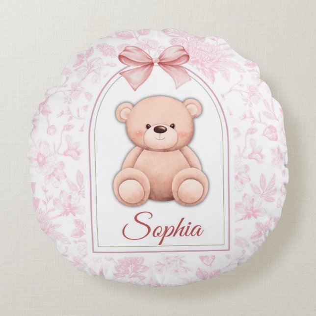Sophia | Custom Pink Teddy Bear Nursery Design  Round Cushion (Front)