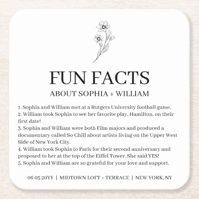 Sophia Modern Wedding Reception Fun Facts Square Paper Coaster (Front)