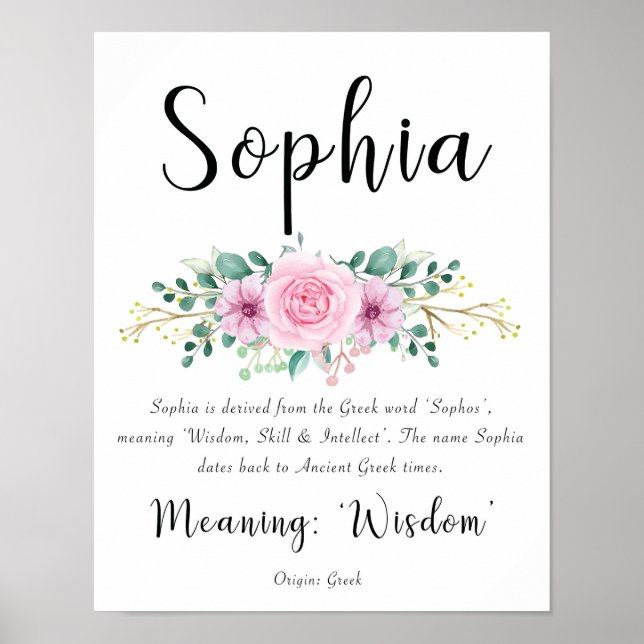 Sophia Name Meaning Print with Pink Flowers  (Front)