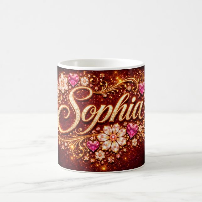 Sophia Name Pink Hearts Gold Script Romantic Gift Coffee Mug (Center)