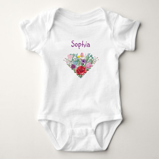 Sophia Personalise Name Flowers Twins 2 Hearts Baby Bodysuit (Front)