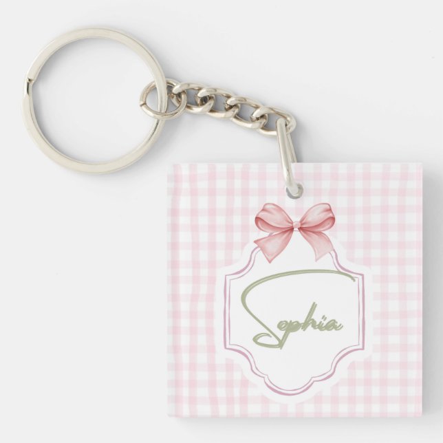 Sophia Personalized Pink Bow & Gingham Print  Key Ring (Front)