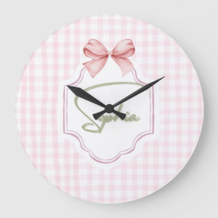 Sophia Personalized Pink Bow & Gingham Print Large Clock