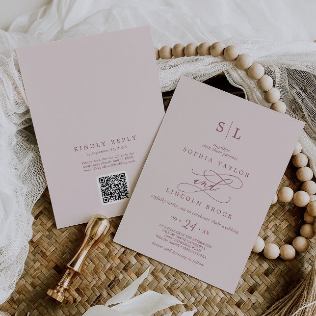 SOPHIA QR Code Burgundy Blush All In One Wedding Invitation (SOPHIA QR Code Burgundy Blush All In One Wedding Invitation)