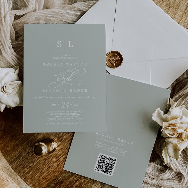 SOPHIA QR Code Sage Grey Simple All In One Wedding Invitation (SOPHIA QR Code Sage Gray Simple All In One Wedding Invitation)