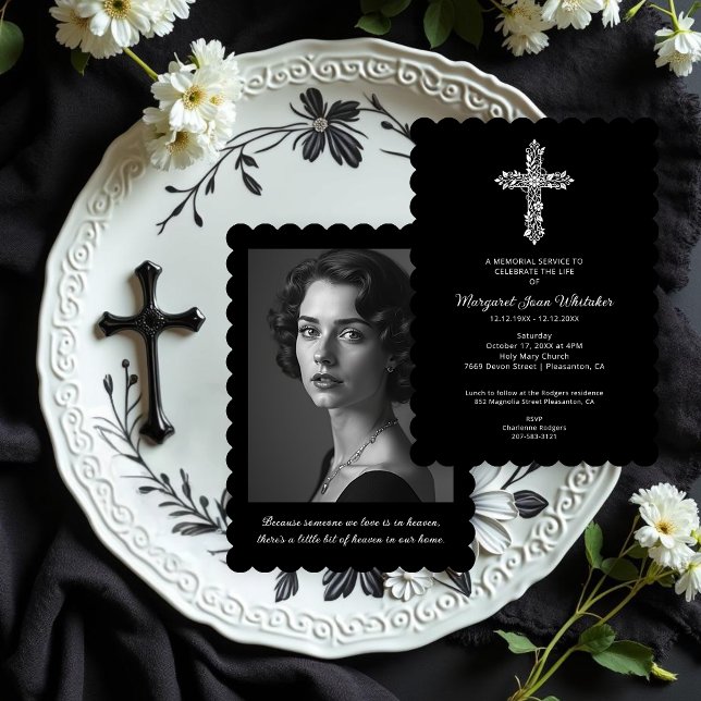Sophisticate Christian Cross Minimal Photo Funeral Invitation (Sophisticated Delicate Christian Cross Minimal Black & White Funeral Invitation Cards with Photo.)