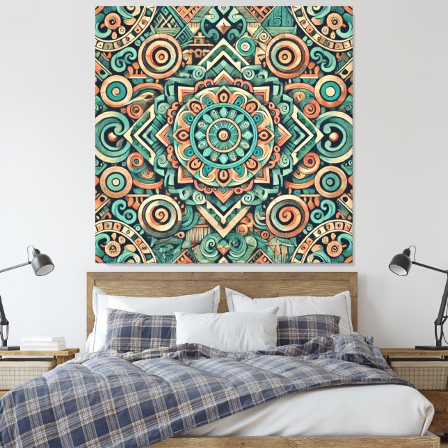 SophisticateAztec Inspired Teal Terracotta Pattern Canvas Print (Insitu(Bedroom))