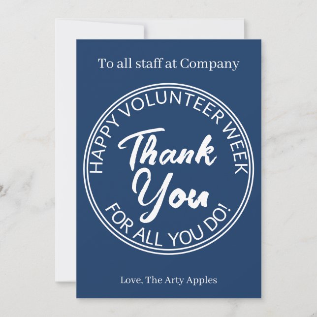 Sophisticated and sleek navy Volunteer thank you Card (Front)