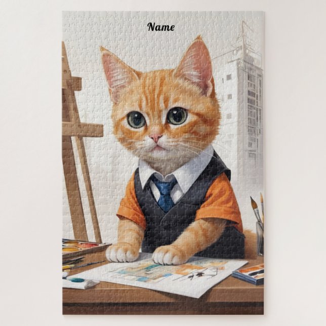 Sophisticated Architect Cat Ginger Kitten Art Jigsaw Puzzle (Vertical)