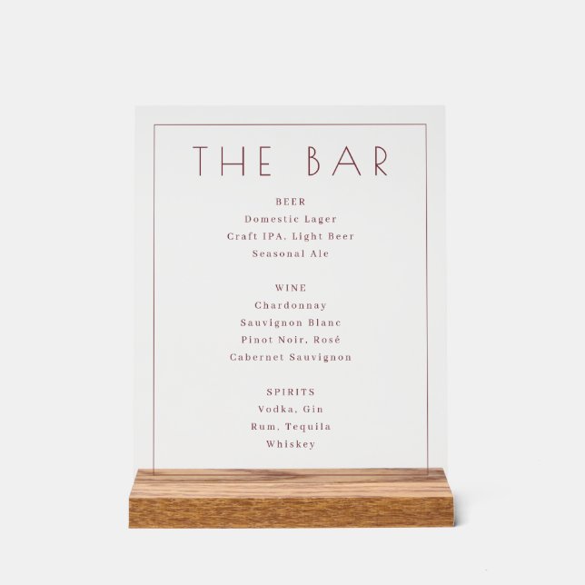Sophisticated Beige Minimalist Bar Menu Acrylic Sign (Front)