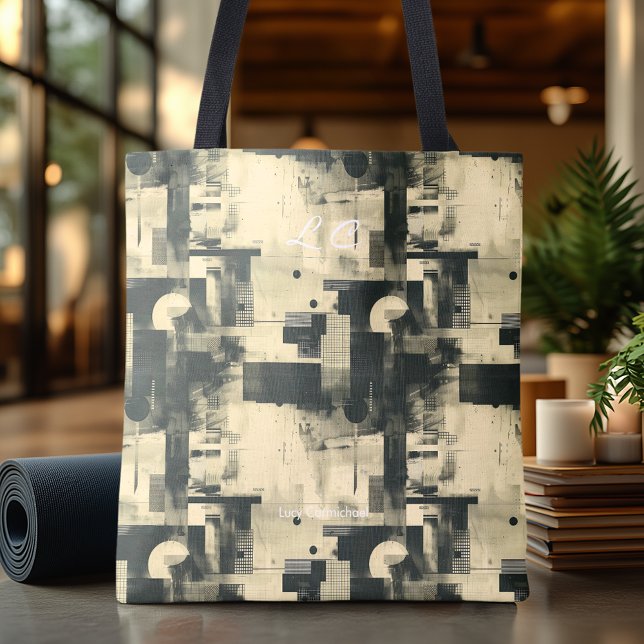 Sophisticated Black and Beige Abstract Personalise Tote Bag (Creator Uploaded)