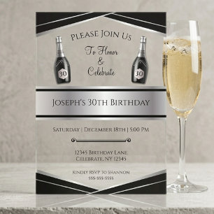 Sophisticated Black and Silver 30th Birthday Him Acrylic Invitations