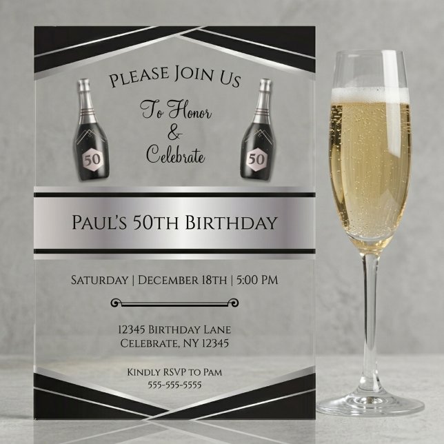 Sophisticated Black and Silver 50th Birthday Him Acrylic Invitations (Sophisticated Masculine 50th Birthday Acrylic Invite with Silver Art Deco & Black Details.)