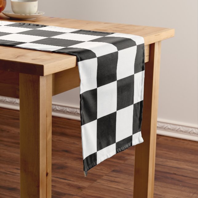 Sophisticated Black and White Chequered Pattern Long Table Runner (In Situ)