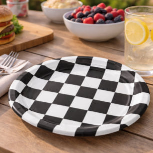 Sophisticated Black and White Chequered Pattern Paper Plate