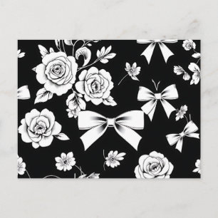 Sophisticated Black and White Floral and Bow Postcard