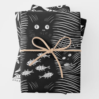 Sophisticated black cat flat line design wrapping paper sheet